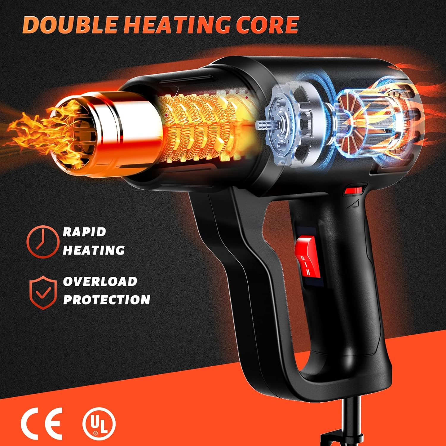 Heat Gun 2000W Hot Air Gun 752~1112 Variable Temperature Control, Fast Heating, Overload Protection, 4 Nozzles, Suitable for Vinyl Wrap, Crafting, Resin, Shrink PVC