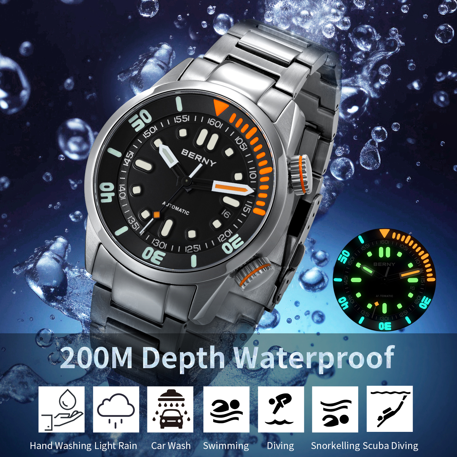 BERNY Automatic Dive Watches for Men, Sport 20ATM Waterproof Analog Mechanical Watch with Date, Super Luminous, Stainless Steel, Sapphire Crystal, Fashion Men's Pro Diver Watch (Black)
