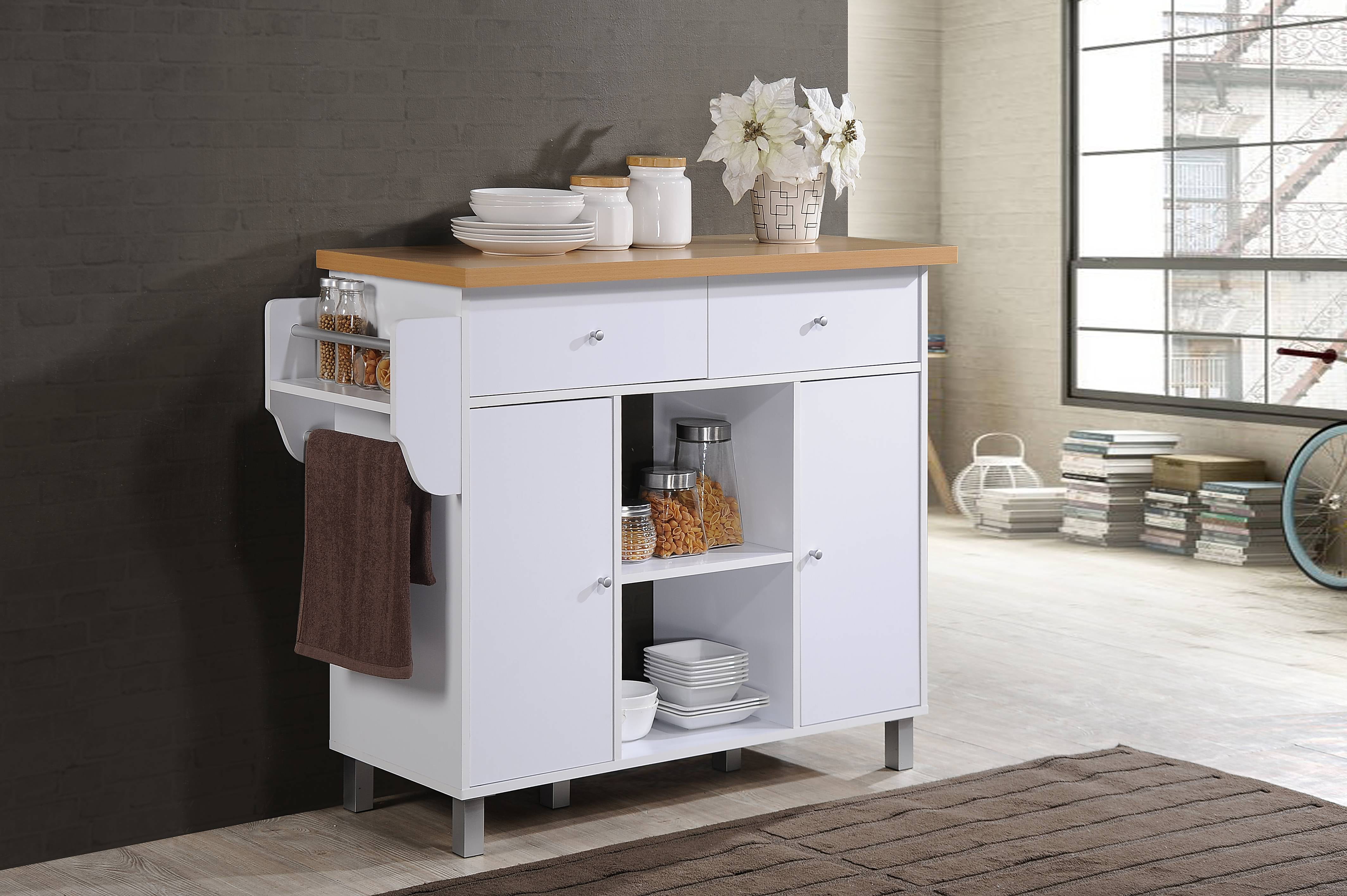 Hodedah Kitchen Island with Spice Rack plus Towel Holder White