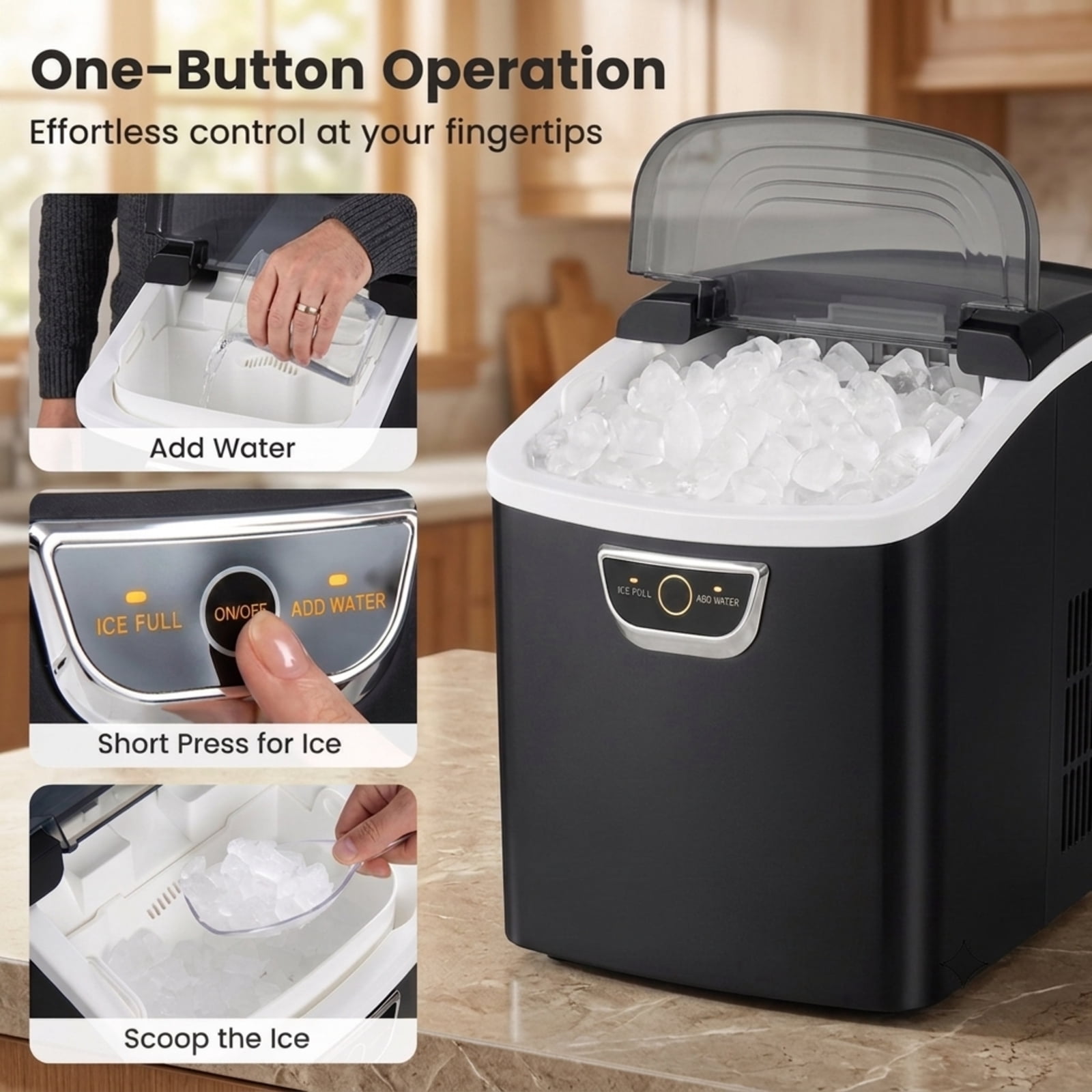 RUIE Nugget Ice Maker Countertop 33 lbs/Day, Soft Chewable Pellet Ice Machine with Ice-Full Alarm for Home Kitchen Bar Office, Portable, Black