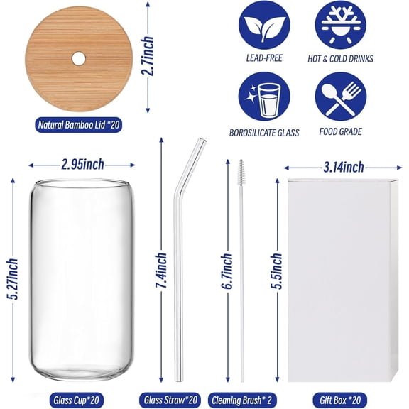 20Pcs Glass Cups with Lids and Straws, 16oz Glasses Drinking Set, Iced Coffee Cups, Beer Glasses, Can Shaped Glass Tumbler for Juice, Coffee, Cocktail, Wine with Gift Box and Cleaning Brushes