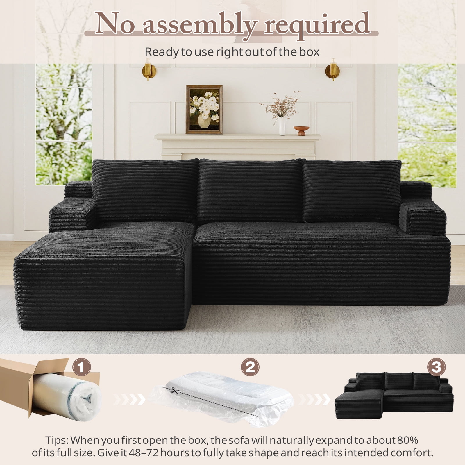 Muumblus L-Shaped Modular Sectional Sofa with Chaise, Boneless Deep Seat Cloud Couch, No Assembly Corduroy Sleeper Sofa for Living Room, Black（Left Facing Chaise）