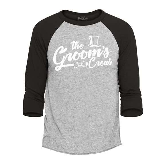 Shop4Ever Men's The Groom's Crew Top Hat Bow Tie Raglan Baseball Shirt Large Heather Grey/Black