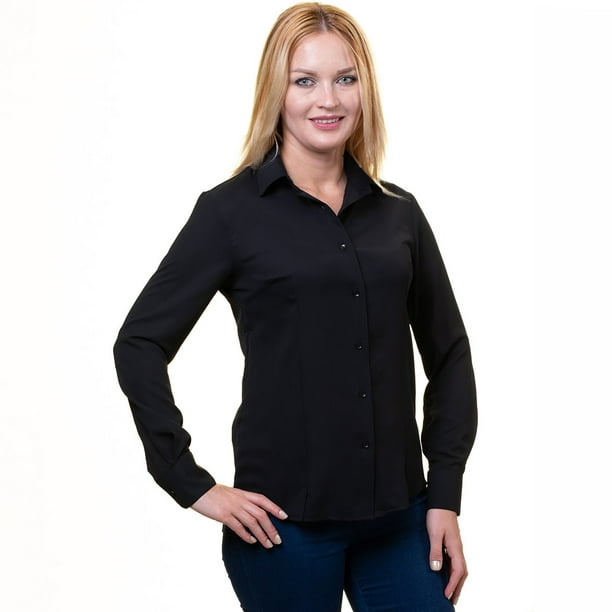 Celino Black Women's Button Down V Neck Long Sleeve Blouse Roll Up for  Casual Work Made in Europe XL