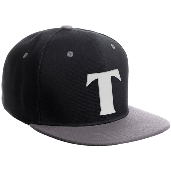 Daxton Classic Snapback Hat 3D Capital Alphabet Letters Flat Bill Visor Cap, Black Light Grey Hat White Letter T