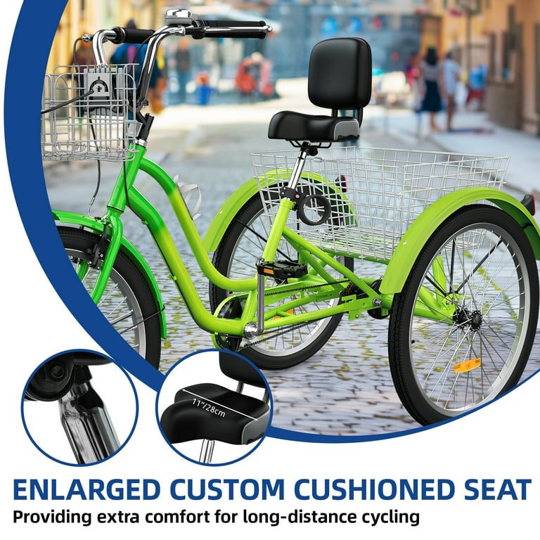 Uforic 26 Inch 3 Wheel Bike Single Speed Adult Trike Low Step Through Cruiser with Front Rear Baskets Large Adjustable Seat with Backrest for Seniors Men and Women Light Green Dark Green