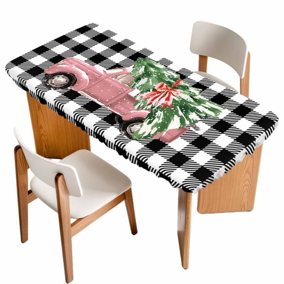 Christmas Pink Truck Table Cloths for 6 Foot Rectangle Tables, Xmas Tree Farmhouse White Black Plaid Patio Waterproof Elastic Fitted Tablecloths, Washable Rectangular Table Cover for Camping