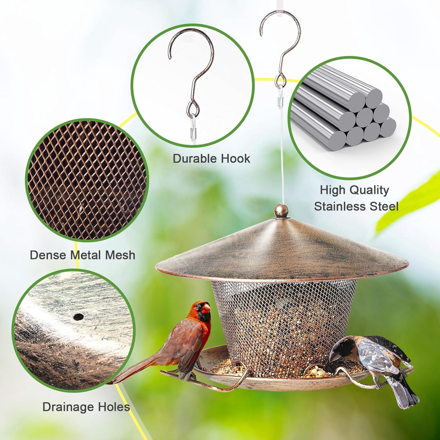 Samhe Bird Feeder for Outdoor, Metal Hanging Wild Bird Feeder with 9.8" Roof 3 lbs Seeds Capacity