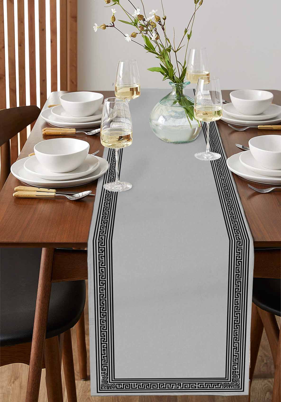 Black Retro Greek Key Table Runner 90 Inches, Gray Greece Ancient Farmhouse Geo Bed Runner Dresser Scarves Tabletop for Indoor Outdoor Parties/Ceremony/Banquet, 13" x 90"