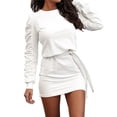 thumbnail image 1 of PVCS Fashion Women Autumn Solid Belt Long Sleeve Translucent O-Neck Mini Derss, 1 of 6