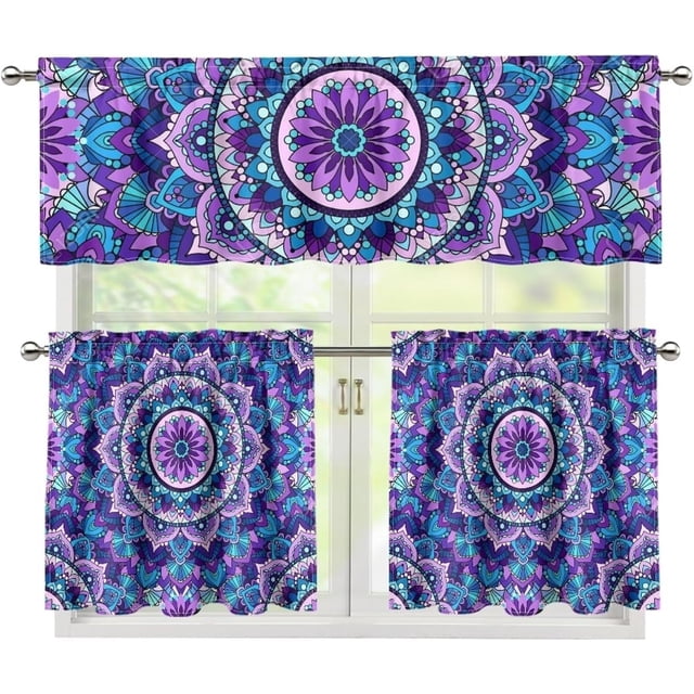 Mandala Kitchen Curtain and Valances Set for Windows Valance Curtain Panel Drape Treatment Short Valances Bathroom Decor Curtains 3 Piece Set