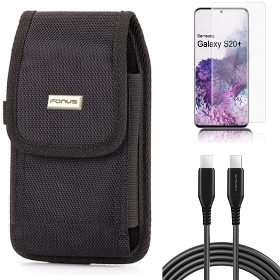 Screen Protector w Case Belt Clip w 6ft Long USB-C Cable for Samsung Galaxy S20 Plus - Tempered Glass [Fingerprint Unlock] 3D Curved Edge, Swivel Holster Rugged, PD Fast Charger fits Galaxy S20 Plus