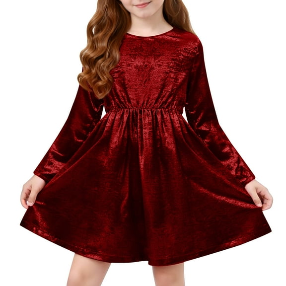 Shiny Dress for Little Big Girl 4-12 Years Long Sleeve Christmas A-Line Dress Party Short Gown Holiday Clothes (11 Years, Wine)