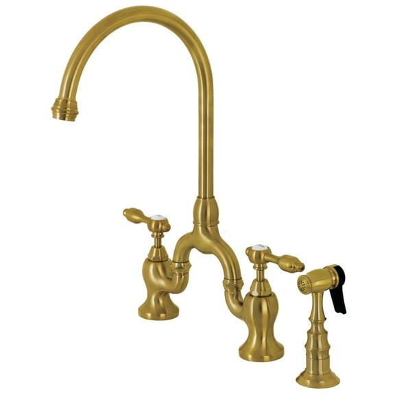 Kingston Brass KS7797TALBS Tudor Two-Handle 3-Hole Deck Mount Bridge Kitchen Faucet with Brass Side Sprayer in Brushed Brass