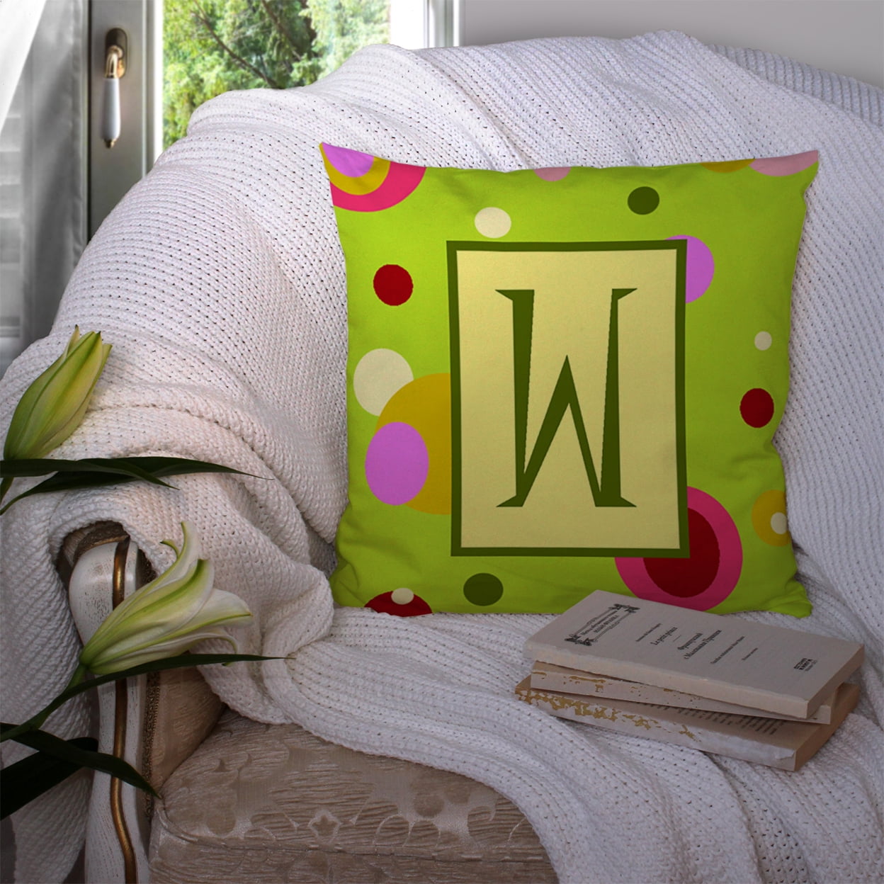 Carolines Treasures CJ1010-WPW1414 Letter W Initial Monogram - Green Decorative Canvas Fabric Pillow 14Hx14W
