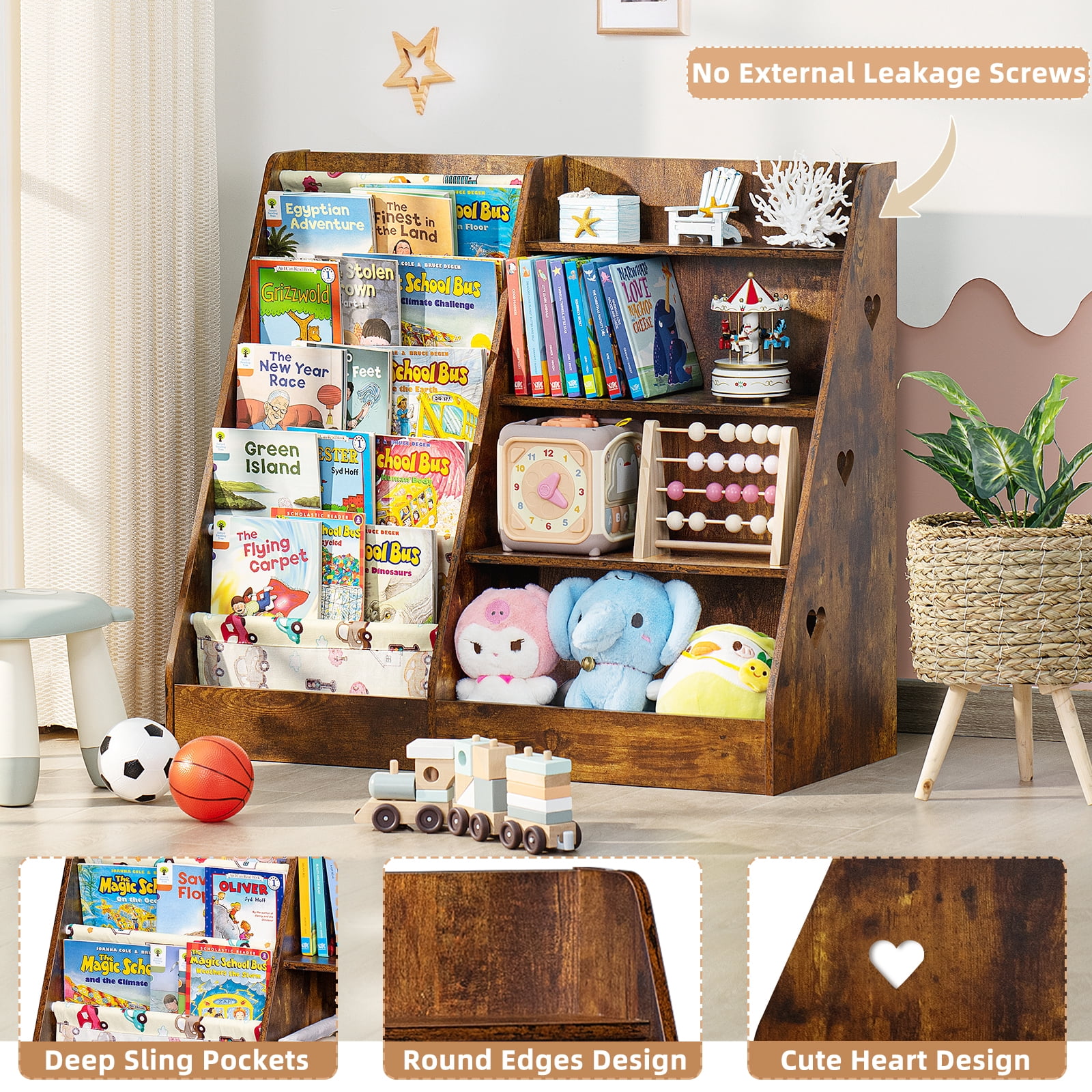 LELELINKY 35.5" Kids Bookcase Toy Storage Organizer with 5 Layer Sling, 4-Tiers Wood Toy Bookshelf for Kids Room, Brown