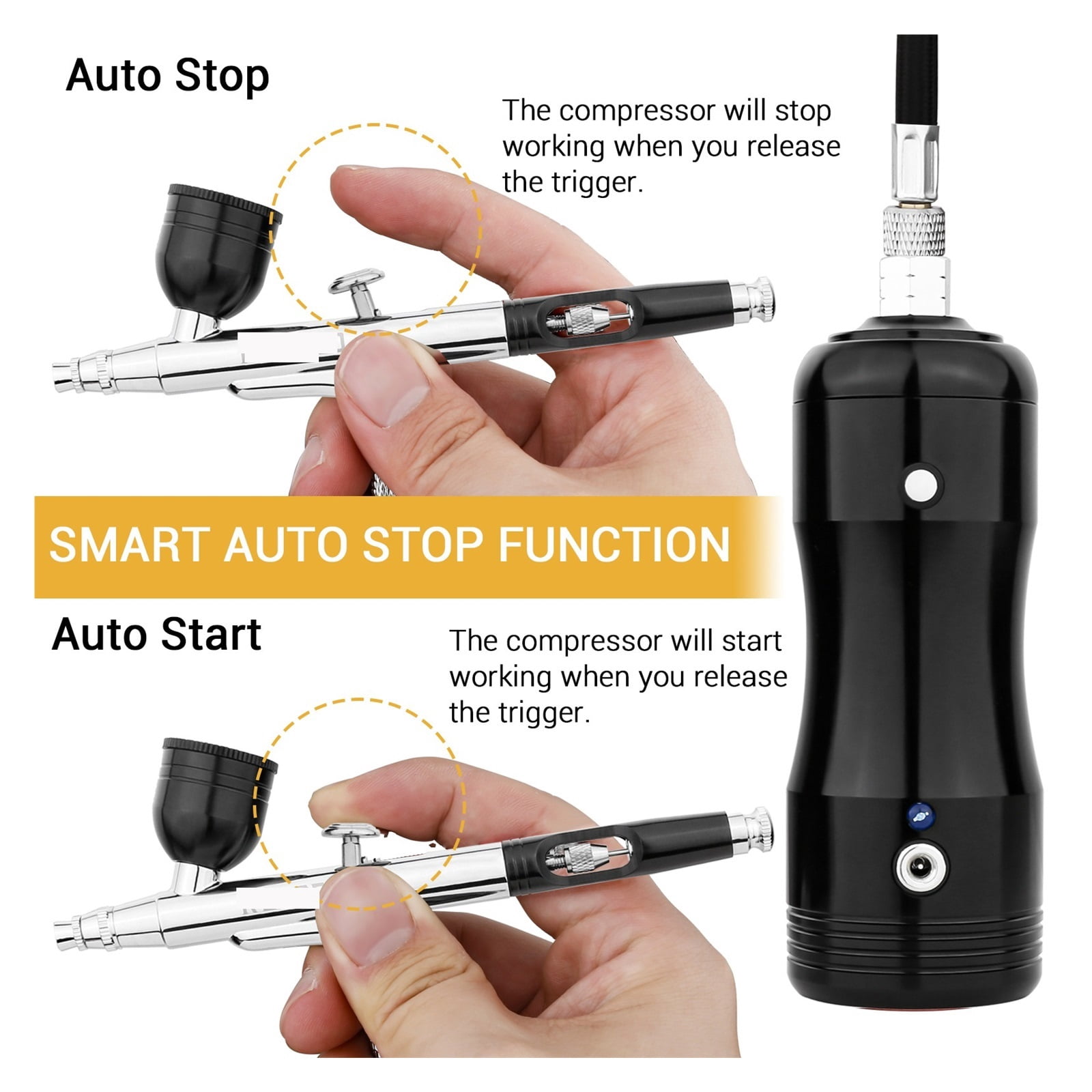 30psi Airbrush Kit With Auto Stop Compressor Handheld Cordless Air Brush Gun Set Wireless Gravity Feed Dual Action Rechargeable ,Effortless cleaning