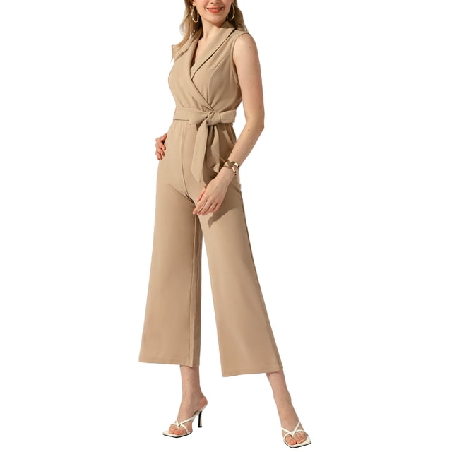 Mono sin mangas elegante de oficina para mujer INSPIRE CHIC con cinturón ancho color caqui XS