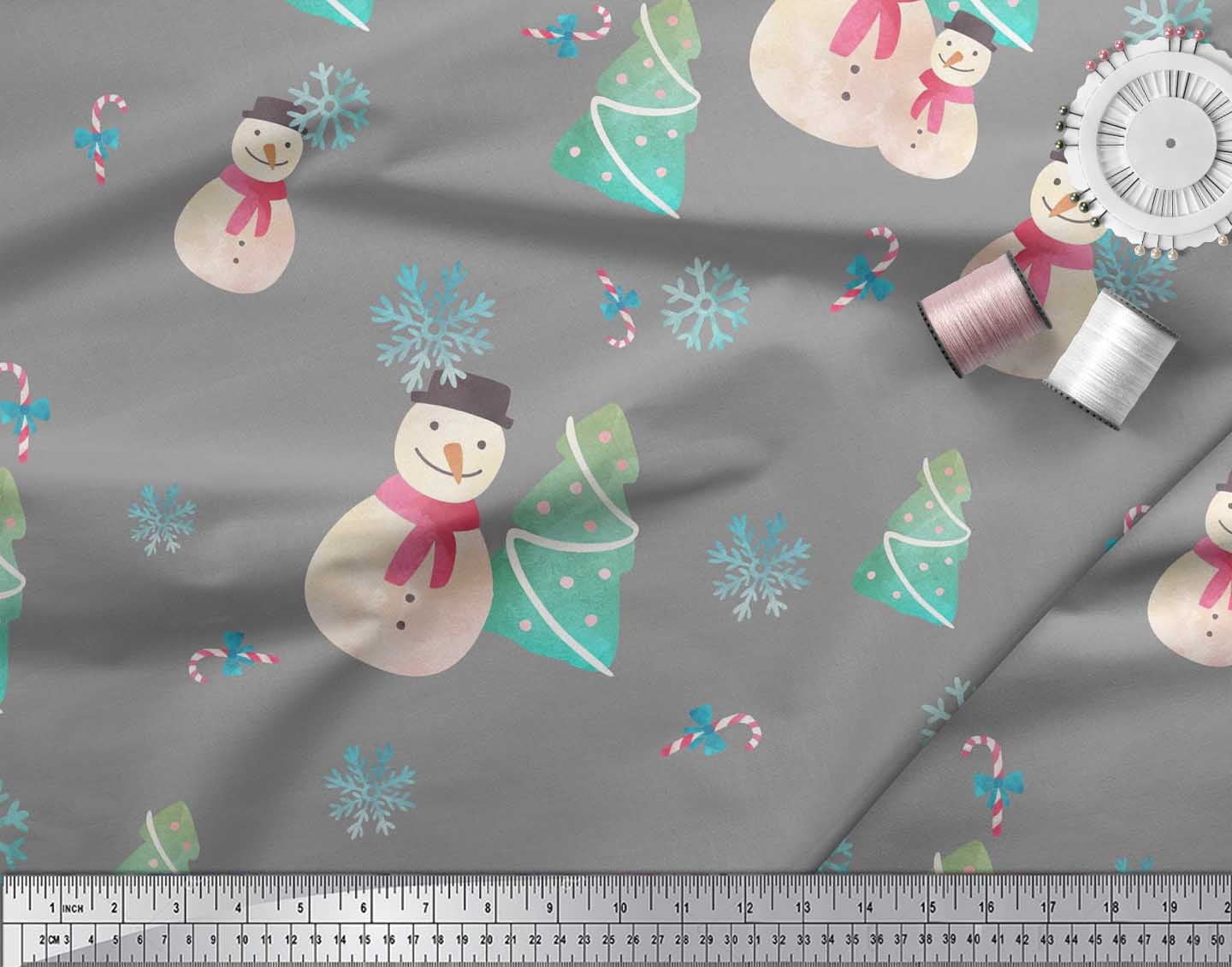 Soimoi Grey Cotton Cambric Fabric Snowman & Tree Christmas Decor Fabric Printed Yard 56 Inch Wide