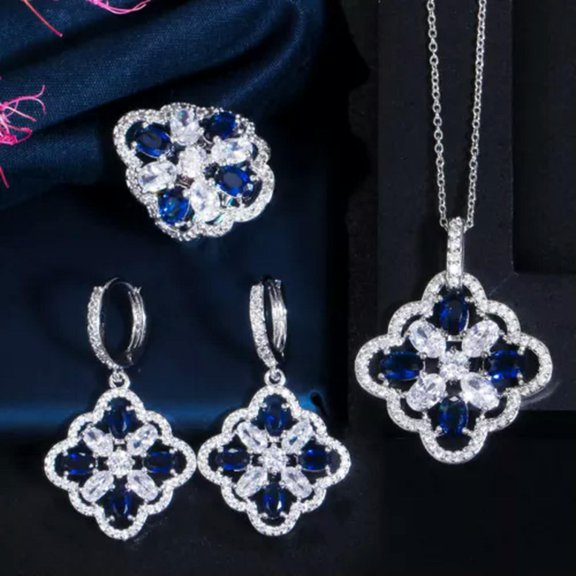 Beauty Multicolor CZ Stone Flower Necklace Earrings Ring Jewelry Set for Women