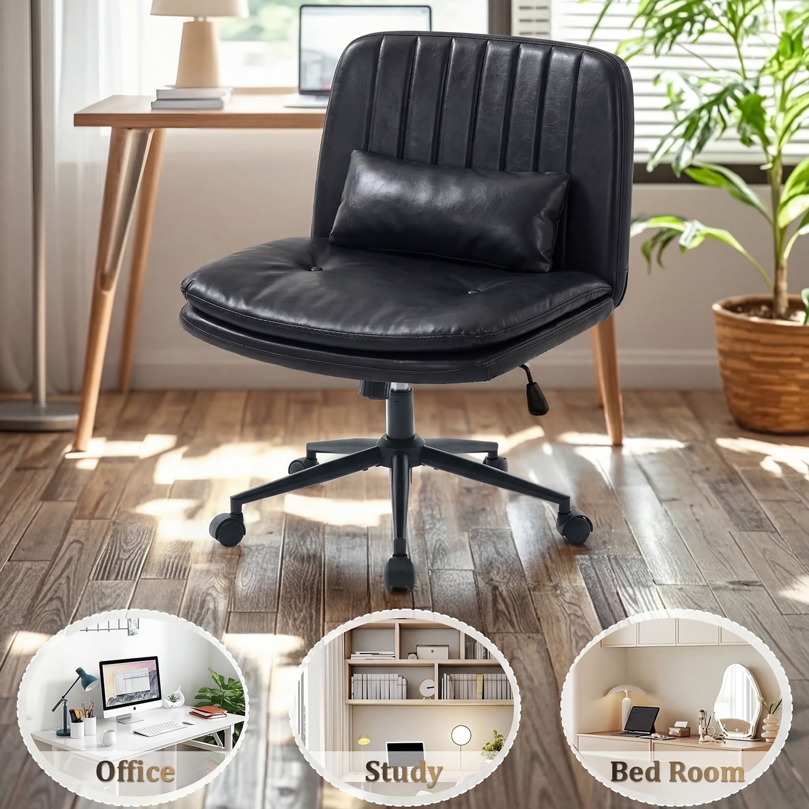 IPKIG Armless Criss Cross Office Chair w/ Lumbar Support, Adjustable Swivel PU Leather Desk Chair for Home Office, Makeup Vanity & Living Room, Black