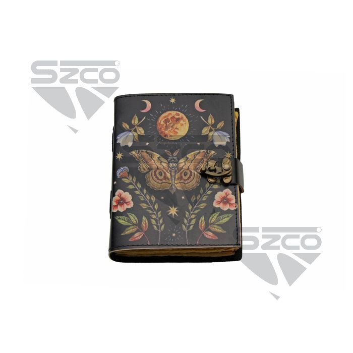 SZCO 5x7 Lunar Moth Leather Journal With Lock Vintage Paper Notebook Moon And Floral Design Writing Diary Sketchbook Gift Journal