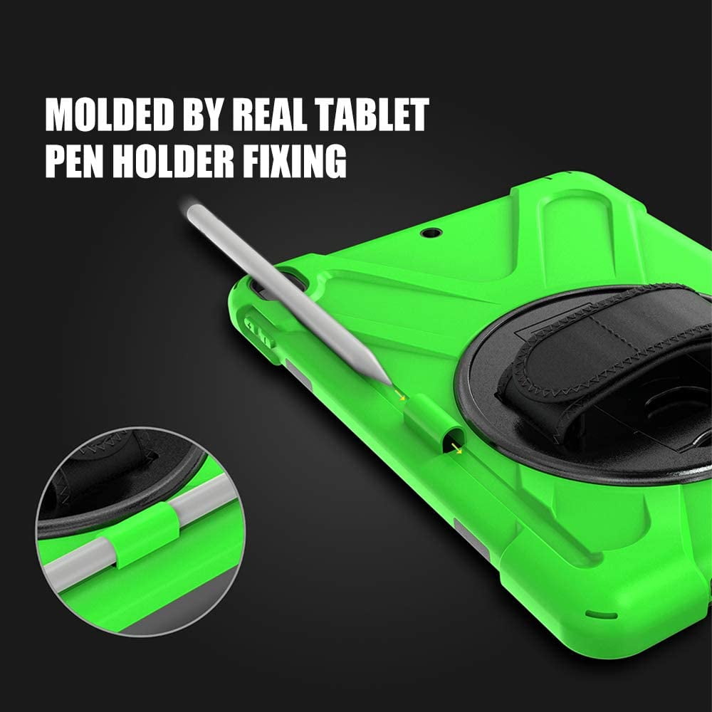 ZenRich Shockproof Case for iPad 9th/8th/7th Generation 10.2 inch 2021/2020/2019, Heavy Duty Rugged Case with Pencil Holder/360° Rotating Kickstand/Handle/Carrying Strap, Green