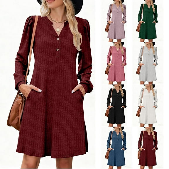 qolati Womens Casual Dresses Long Sleeve Fall Dresses for Women Button Up V Neck Ribbed Knit Lightweight Sweater Dress with Pockets Side Split Fashion Fall Outfits Blue L