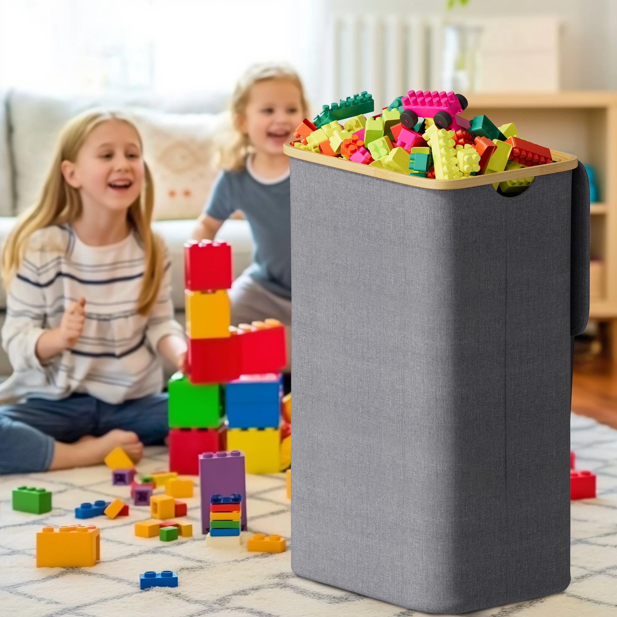Tooloton 110L Large Laundry Hamper with Lid, Foldable Fabric Storage for Clothes, Blankets, Toys, Grey