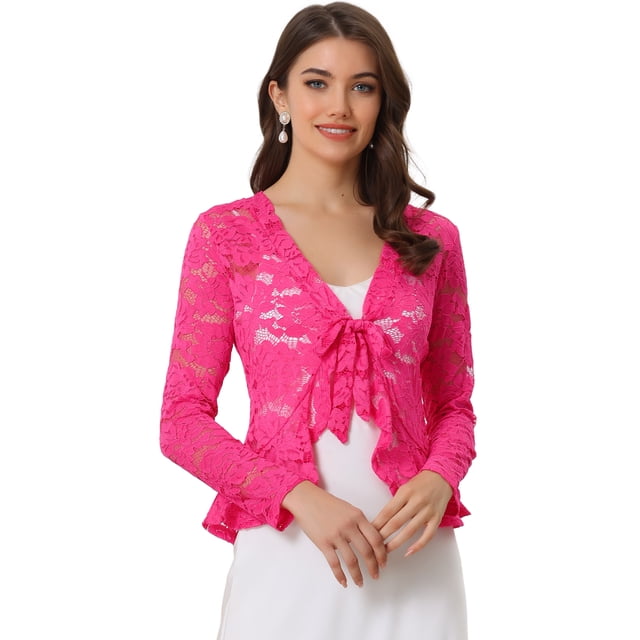 Cárdigan corto con lazo en la parte delantera para mujer Dobladillo con volantes Top transparente de encaje floral Rosa Caliente S