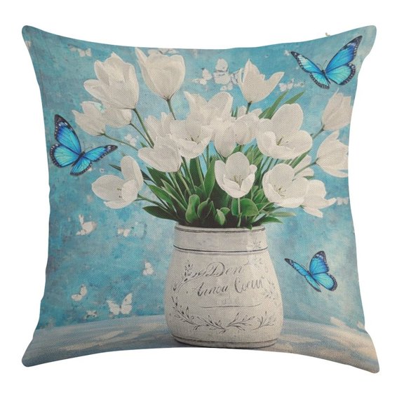 YILUYINQING White Tulips Against Blue Wall Throw Pillow Covers, Waterproof Pillow Covers, Square Linen House Decor Cushion Covers for Home Sofa Bed Couch,