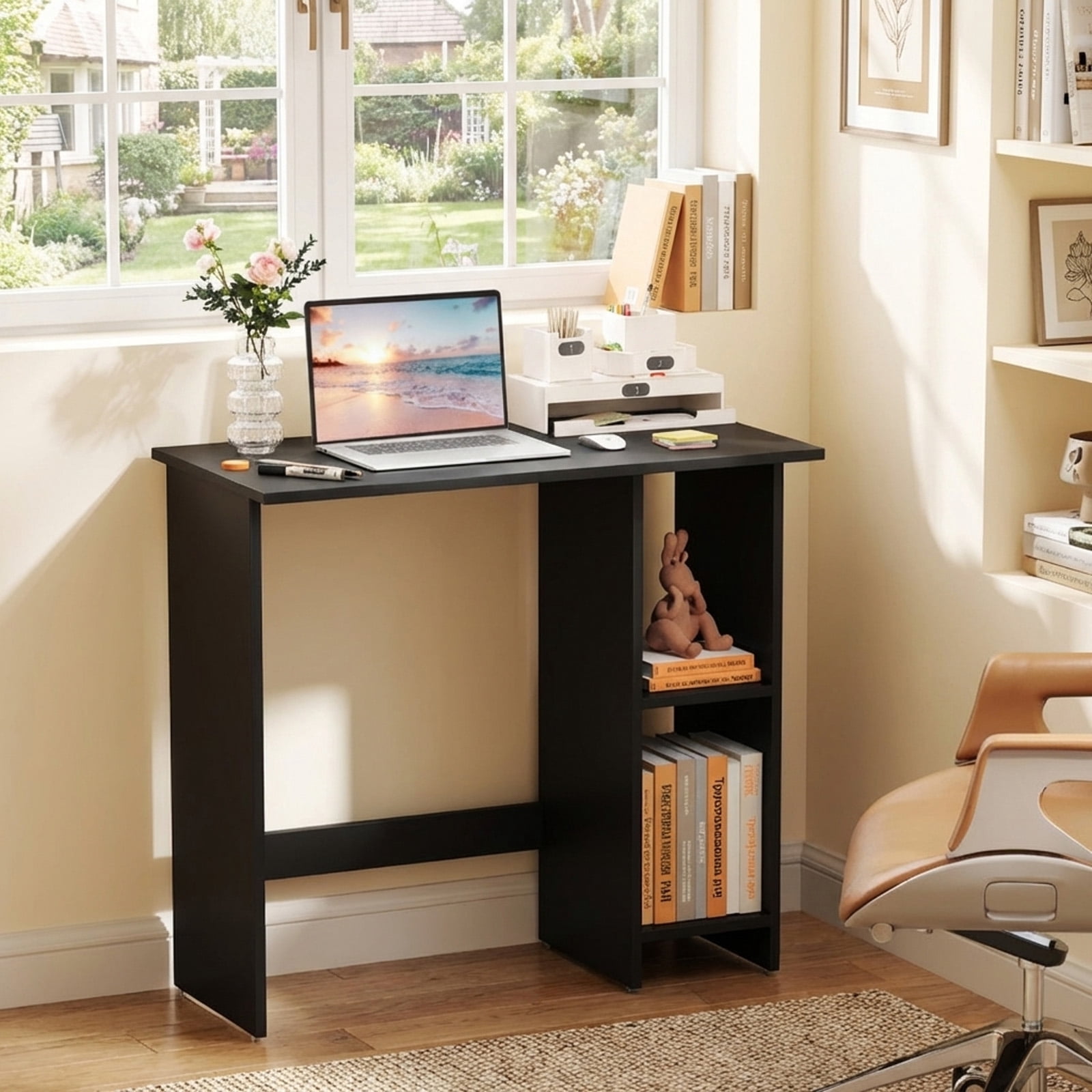 Furnibear Small Computer Writing Desk with 3-Position Adjustable Storage Shelf, Anti-Toppling Device and Reinforced Crossbar Black