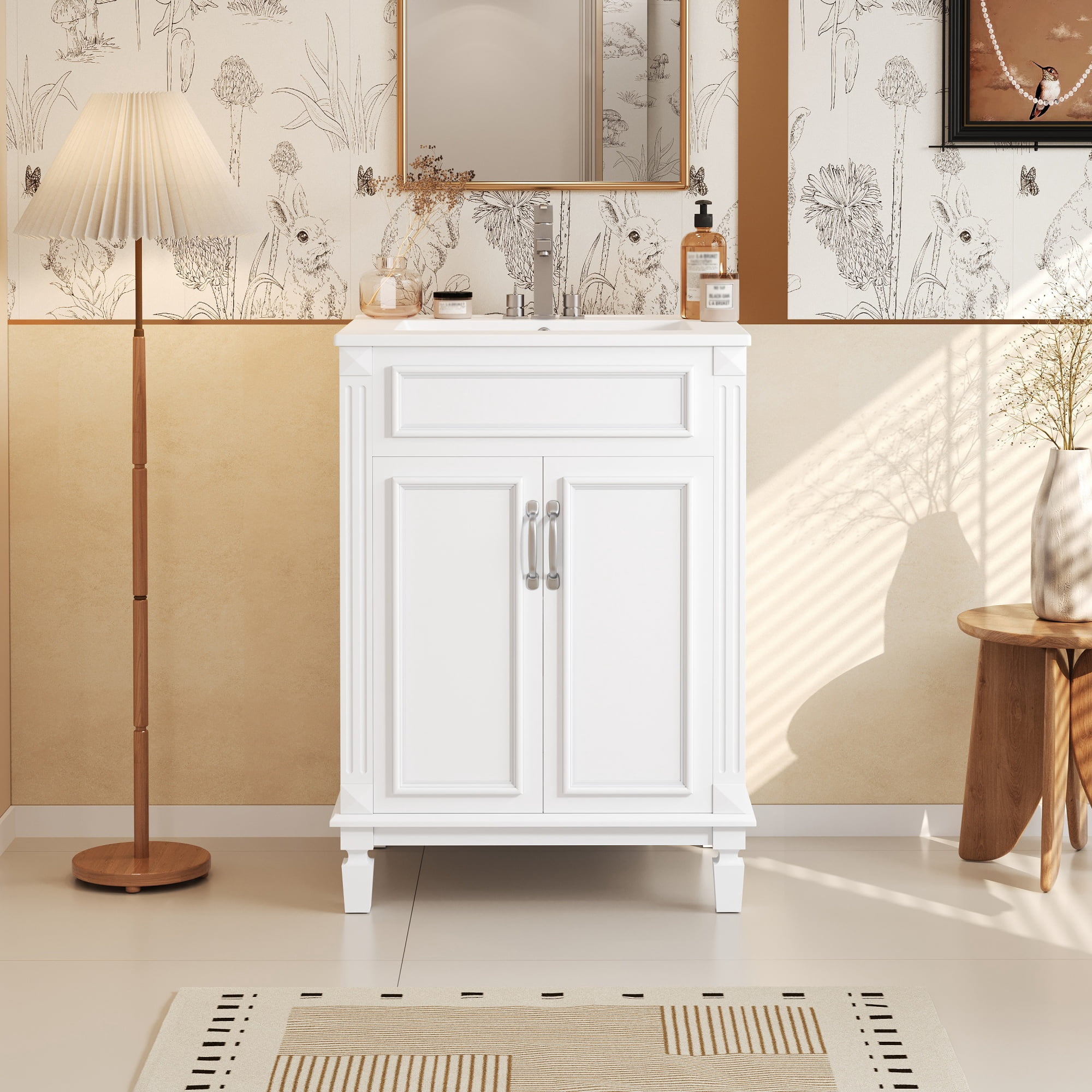 Euroco 24'' Bathroom Vanity with Top Sink, Modern Bathroom Storage Cabinet with 2 Soft-Closing Doors and Adjustable Shelf, Solid Wood Frame