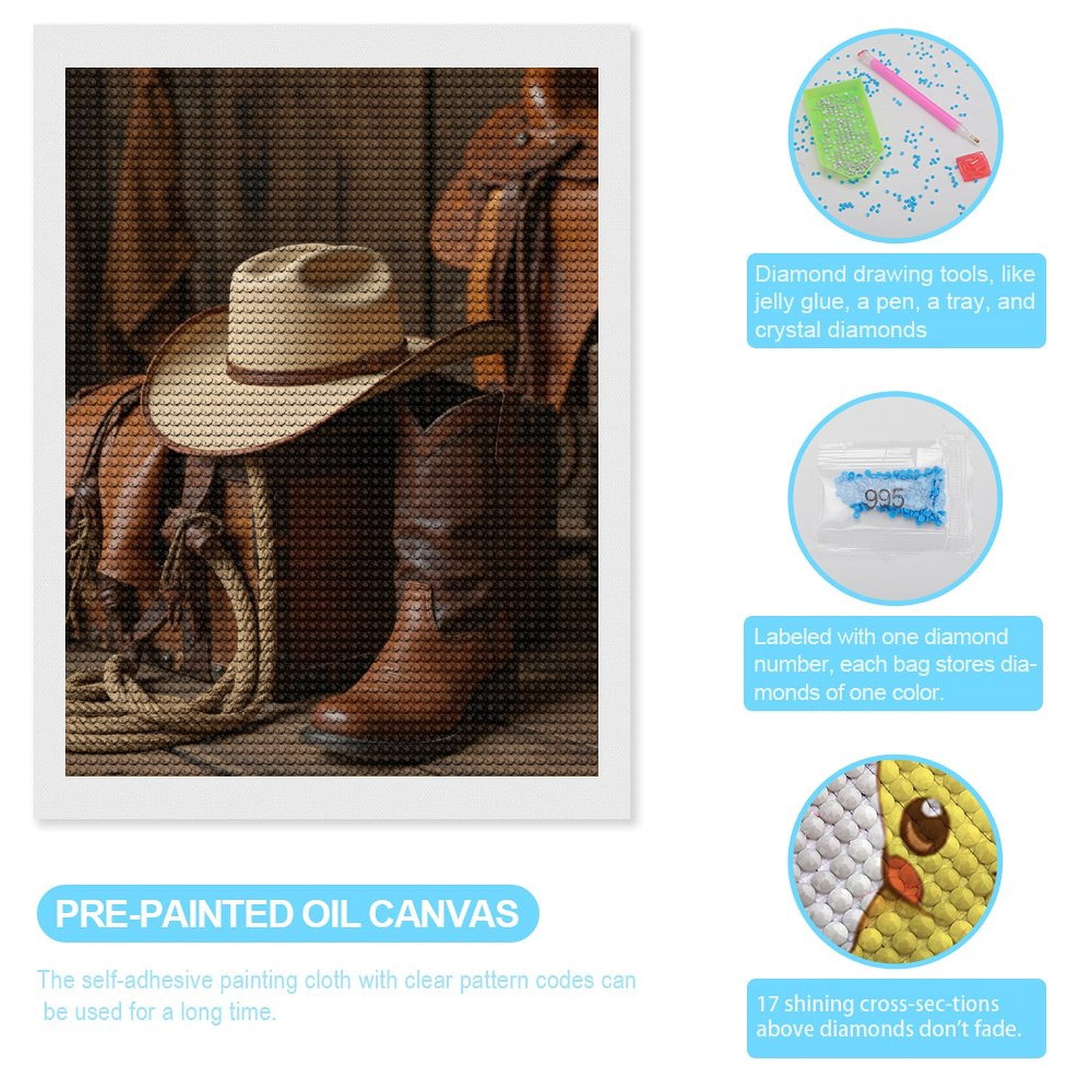 Diamond Art Kits for Adults, Cowboy Gear Rustic Chest Boot Hat 5D Diamond Painting Kits for Adults Beginners, DIY Full Drill Diamond Painting, Gem Art and Crafts 12x16