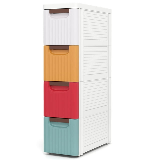 Costway Armoire de Rangement Étroite à 4 Tiroirs sur Roulettes avec Poignées de Tirage et Roues Intégrées