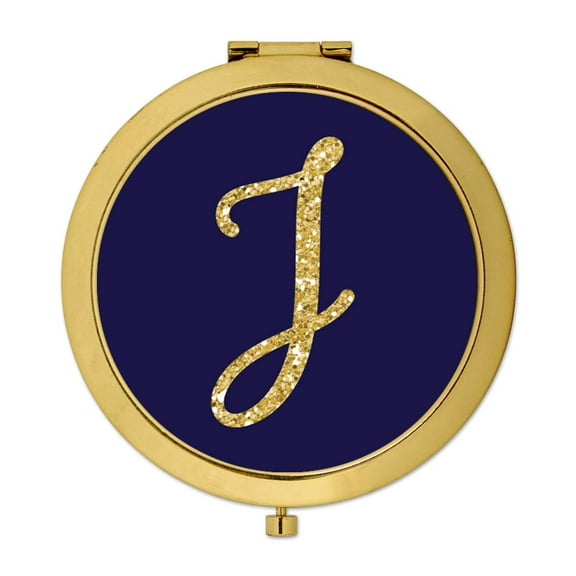 Koyal Wholesale Gold Compact Mirror Bridesmaid's Wedding Gift, Navy Blue | Faux Gold Glitter, Monogram Letter J, 1-Pack