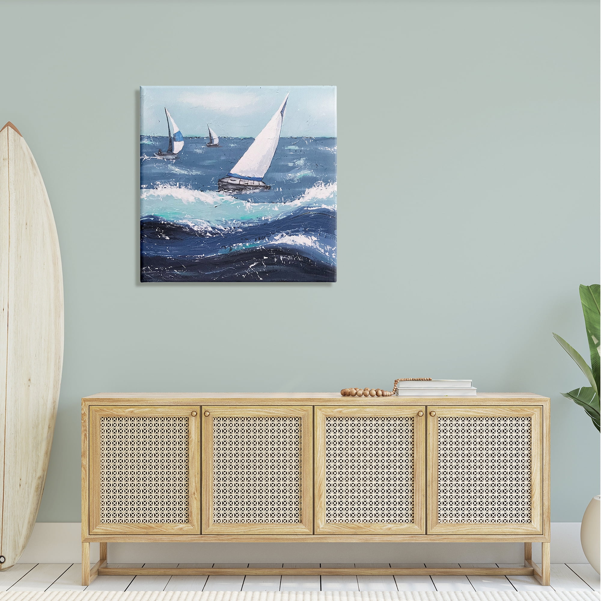 Stupell Rough Ocean Waves Sailing Boats Landscape Painting Gallery Wrapped Canvas Print Wall Art