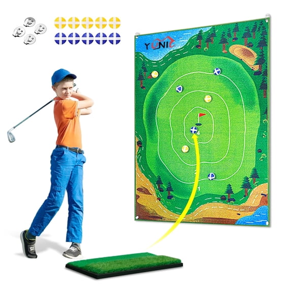 YUNIC Chip N' Stick Golf Games Set – Sticky Target Mat with Hook, Chip N' Stick Golf Balls & Hitting Mat, Indoor & Outdoor Use
