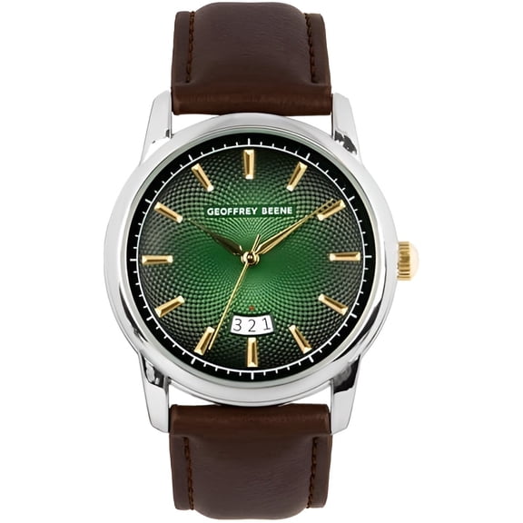 Geoffrey Beene Men’s Green Dial Watch – Brown Leather Strap, 42mm Quartz Analog Wristwatch, Minimalist Dress Watch for Business & Casual, Gift for Him