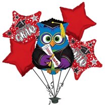 PMU Congrats Grad Balloon Bouquet | Graduation Decoration Mylar Balloons | Celebrate Success with Vibrant Graduation Balloons | “Wise Owl Grad” Balloon Bouquet Red (5/Pkg) Pkg/1