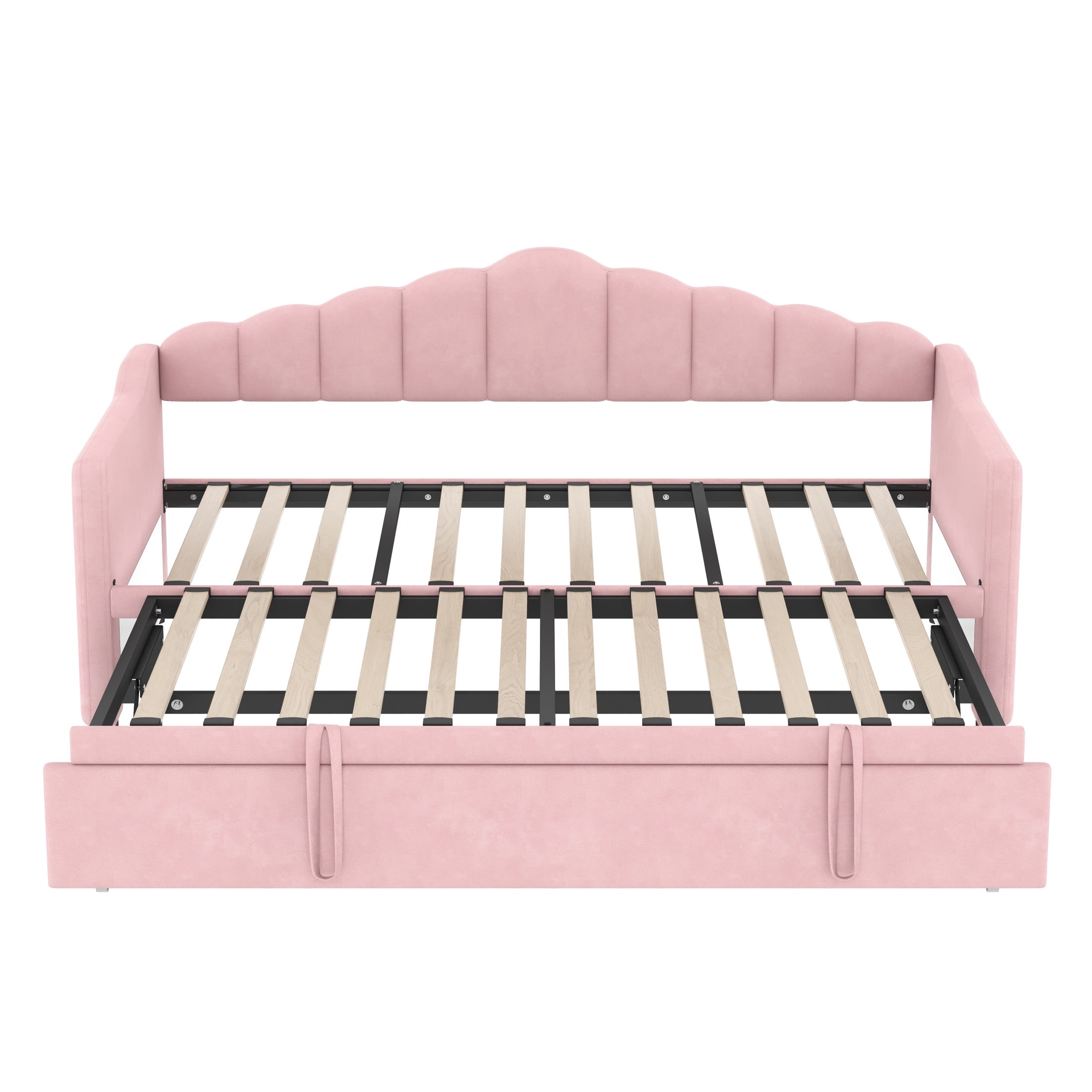Noble House Upholstered Twin Size Daybed with Adjustable Height Pop Up Trundle Twin Bed and Charging Port 2 Side Pockets,Pink