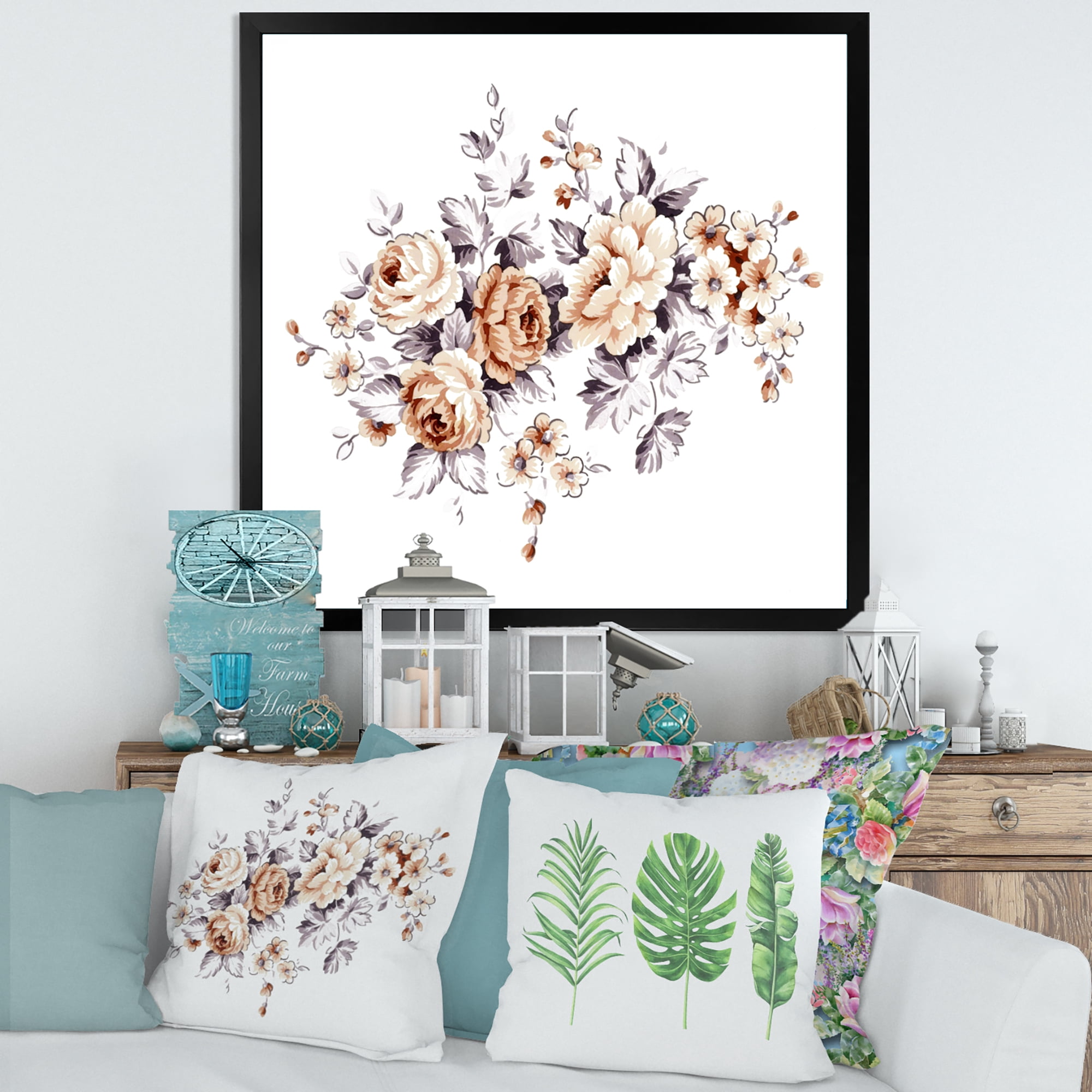 Designart 'Pink Wild Roses With Monochrome Leaves' Traditional Framed Art Print