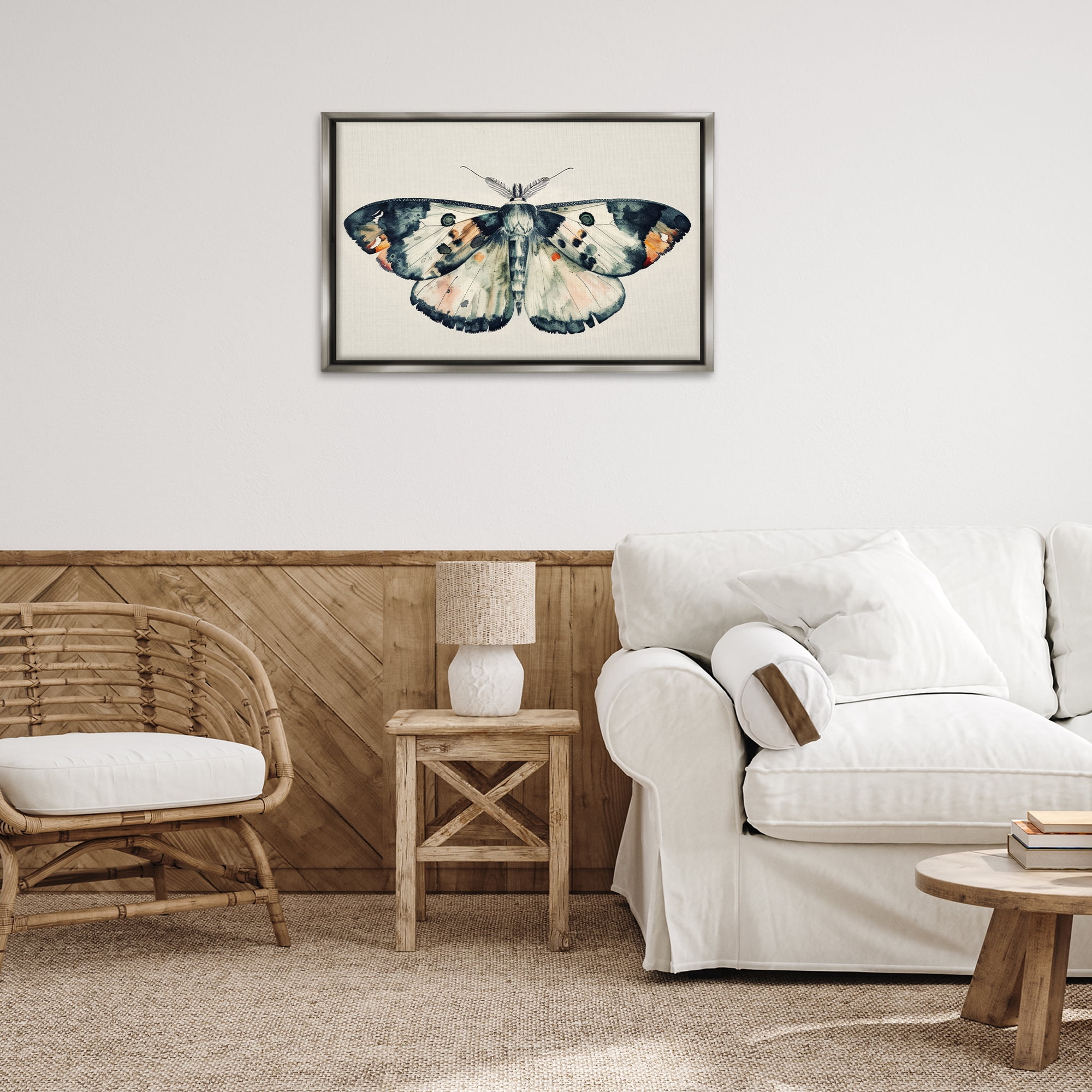 Stupell Industries Watercolor Black Trimmed Moth Animals Painting Gray Floater Framed Canvas Art Print Wall Art, 31 x 21