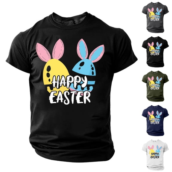 SGFCWSX Mens Crewneck T-Shirt, Graphic Print Short Sleeve Happy Easter Casual Top for Men Black Size S