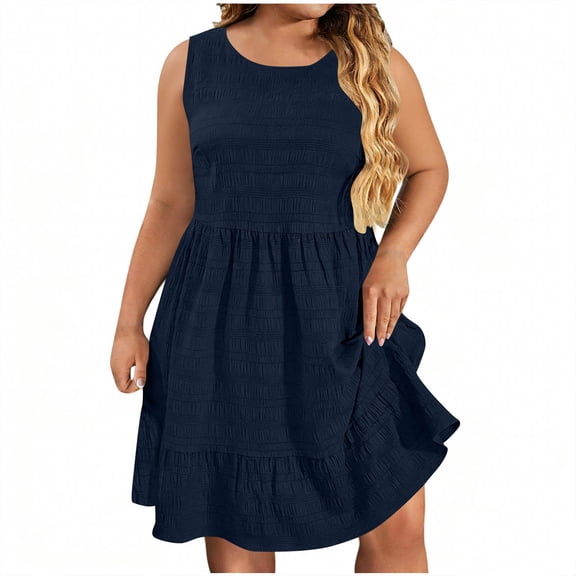 Bosfbaoi Plus Size Dresses For Women Sleeveless Babydoll Dress Round Neck Midi Summer Dress Textured Ruffle Hem Women Dresses Casual Sundress