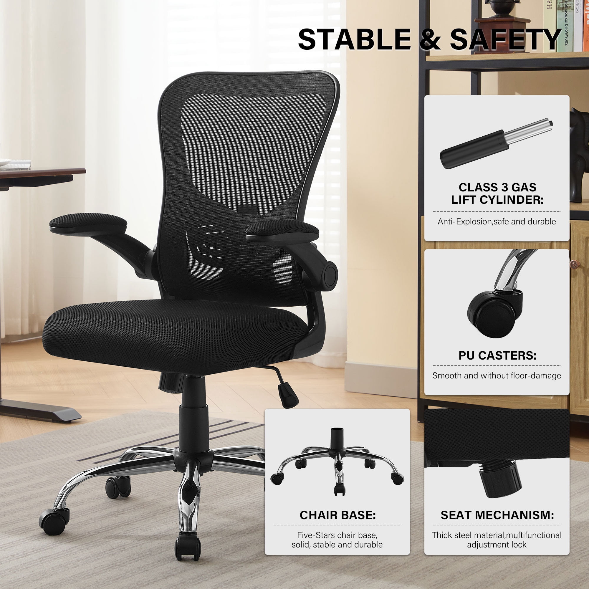 JONPONY Big and Tall Office Chair 400LBS，Ergonomic Office Chair, Task Chair, Comfort Desk Chair with Adjustable Lumbar Support and Flip up Arms, 400lb, Black