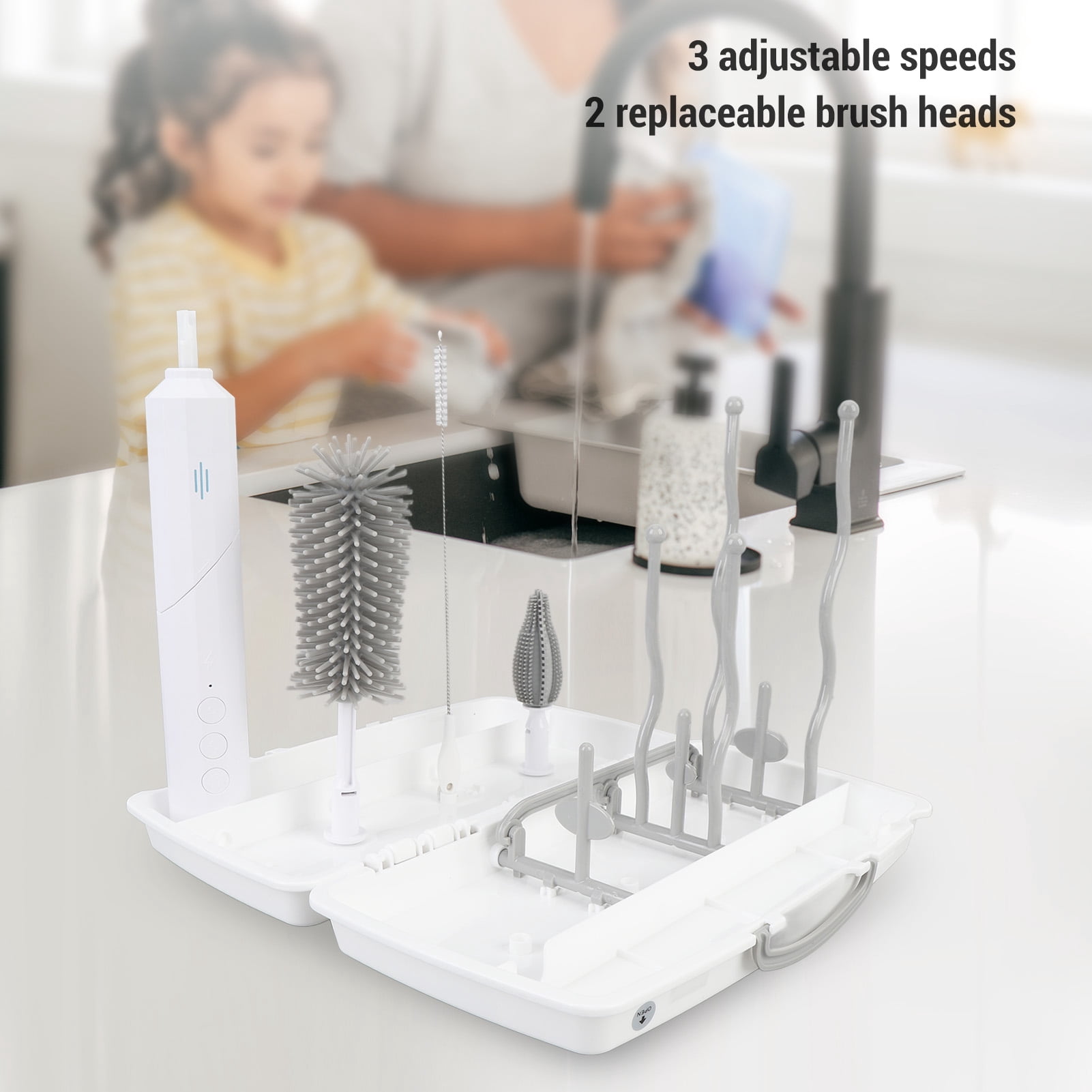 Rupoun Electric Bottle Brush Set, 3 Speeds, 2 Replaceable Heads, Rechargeable Cleaning Brush with Drying Rack, White, 9.84 inches / 25 cm