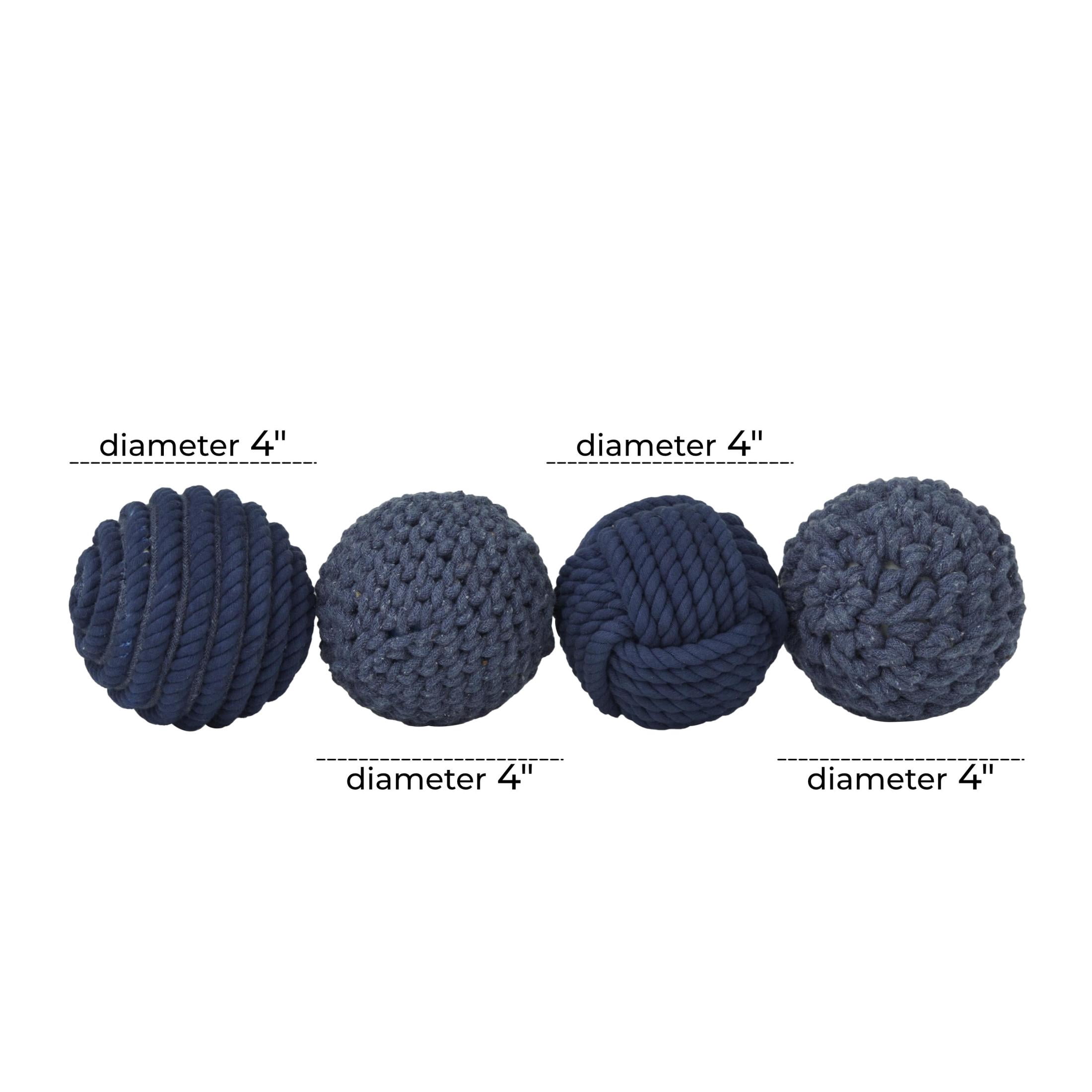 DecMode Blue 4" Handmade Decorative Ball Jute Rope Orbs & Vase Filler with Varying Designs (4 Count)