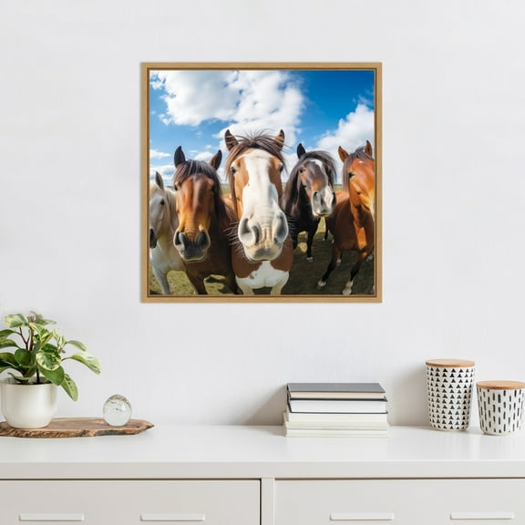 Kate and Laurel Sylvie Funny Animal Horse Selfie Framed Canvas Wall Art by The Creative Bunch Studio, 22x22 Natural, Funny Cute Animal Art for Wall
