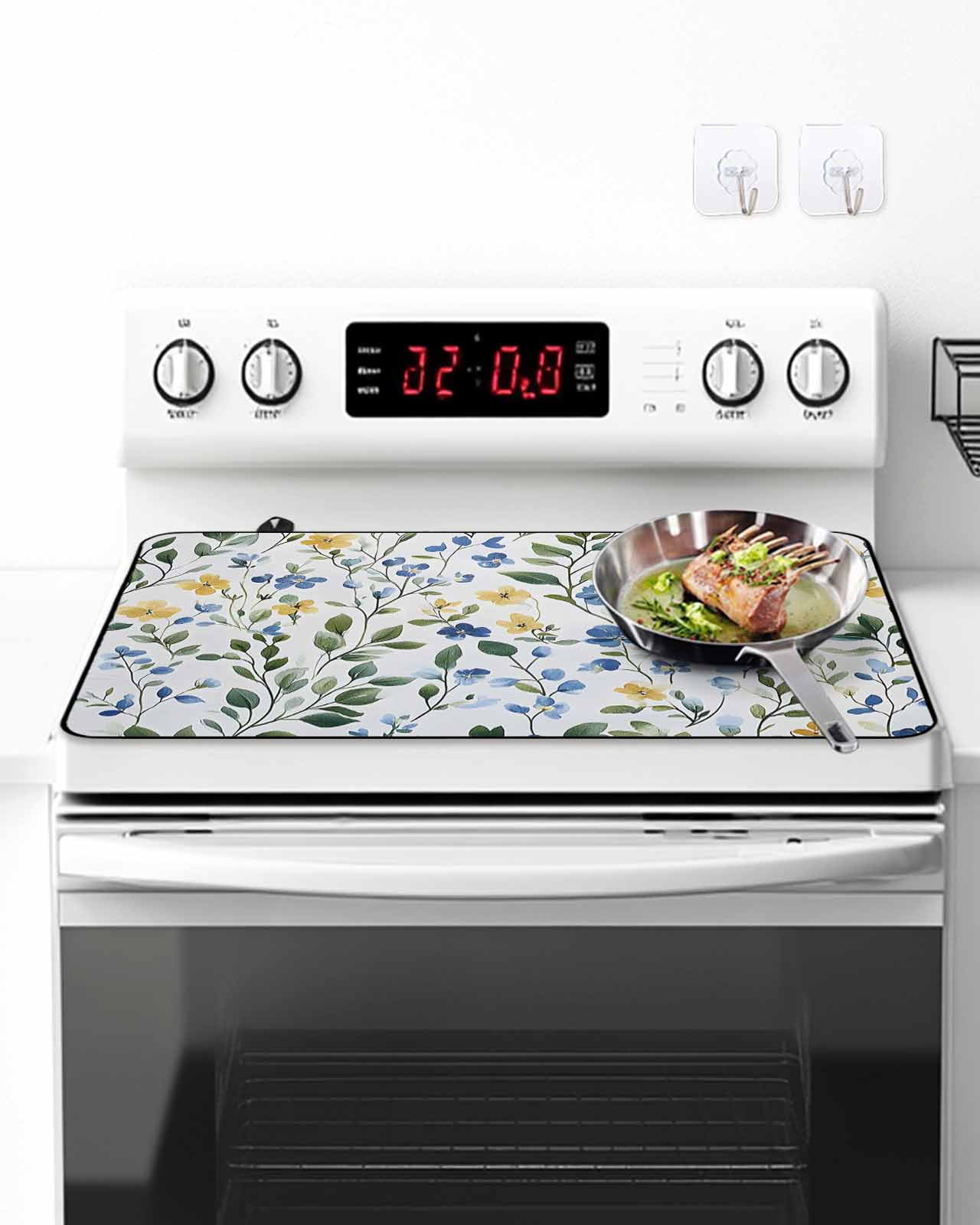 Stove Top Covers for Electric Stove, Blue Yellow Floral Spring Glass Stovetop Cover Protector, Summer Pastoral Botanical Green Induction Cooktop Protector Oven Mat for Kitchen Countertop 24"x21"
